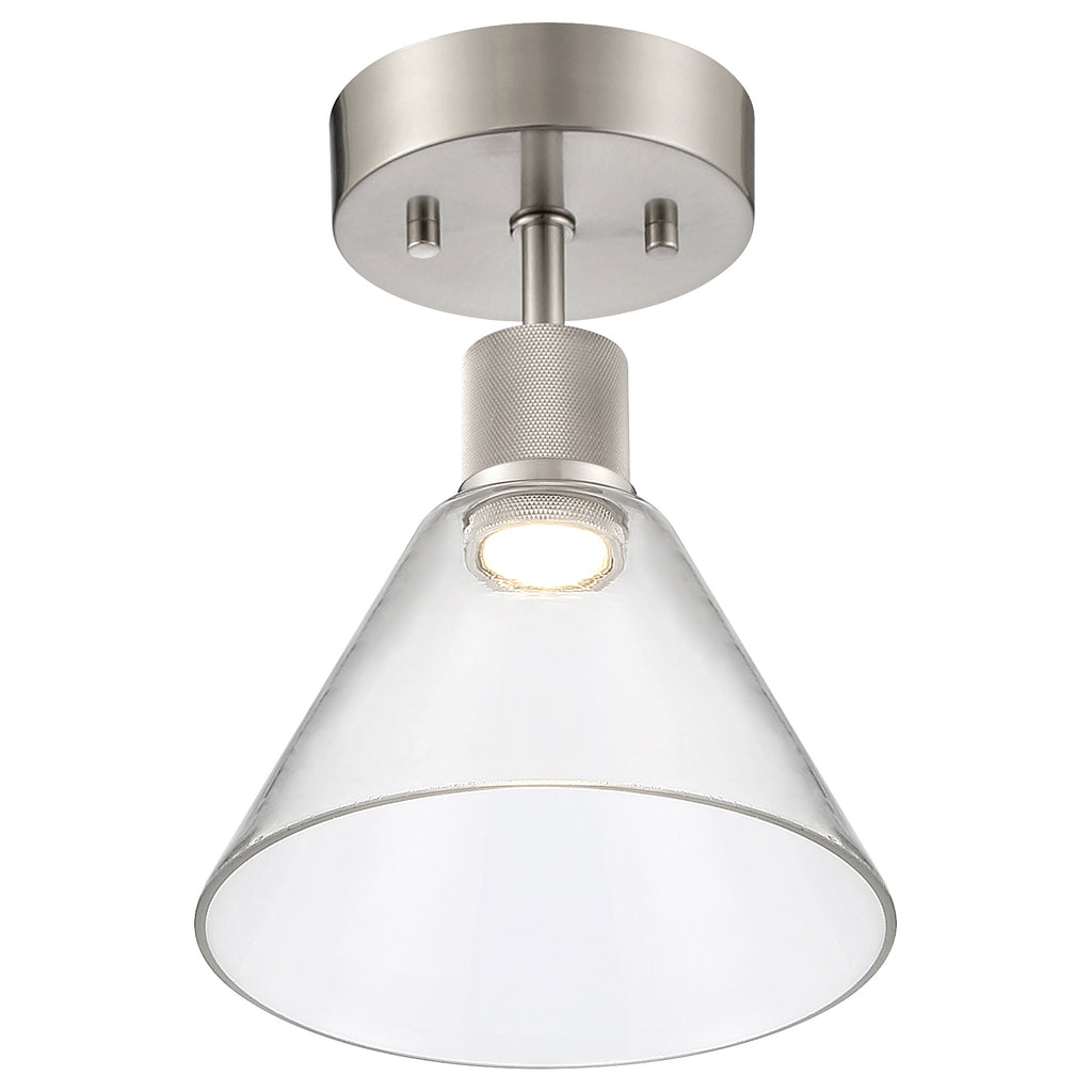 The Port Nine Martini LED Semi-Flush by Access Lighting features a brushed steel ceiling-mounted base with a clear, cone-shaped glass shade and a 9W LED bulb inside.