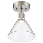 The Port Nine Martini LED Semi-Flush by Access Lighting features a brushed steel ceiling-mounted base with a clear, cone-shaped glass shade and a 9W LED bulb inside.