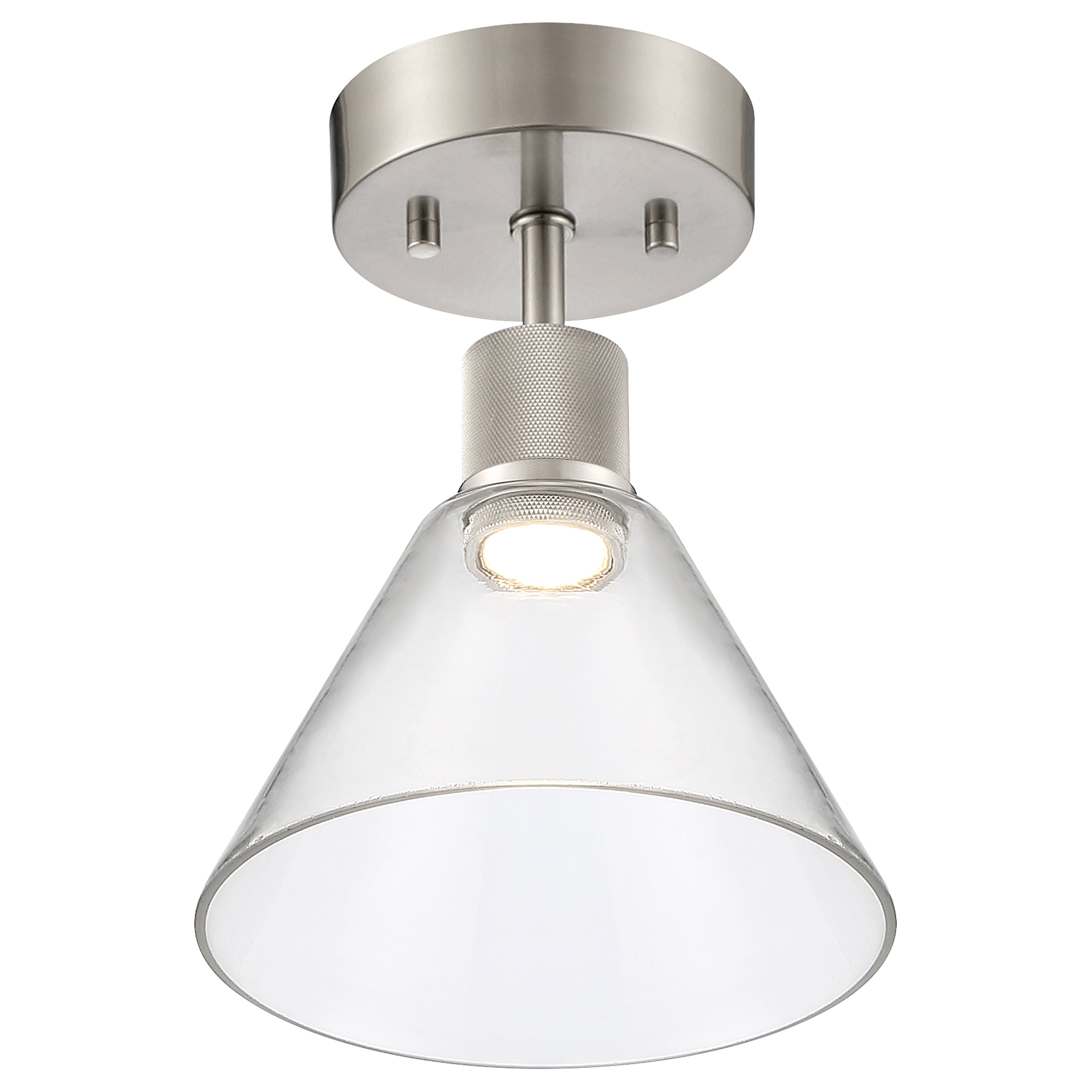 The Port Nine Martini LED Semi-Flush by Access Lighting features a brushed steel ceiling-mounted base with a clear, cone-shaped glass shade and a 9W LED bulb inside.