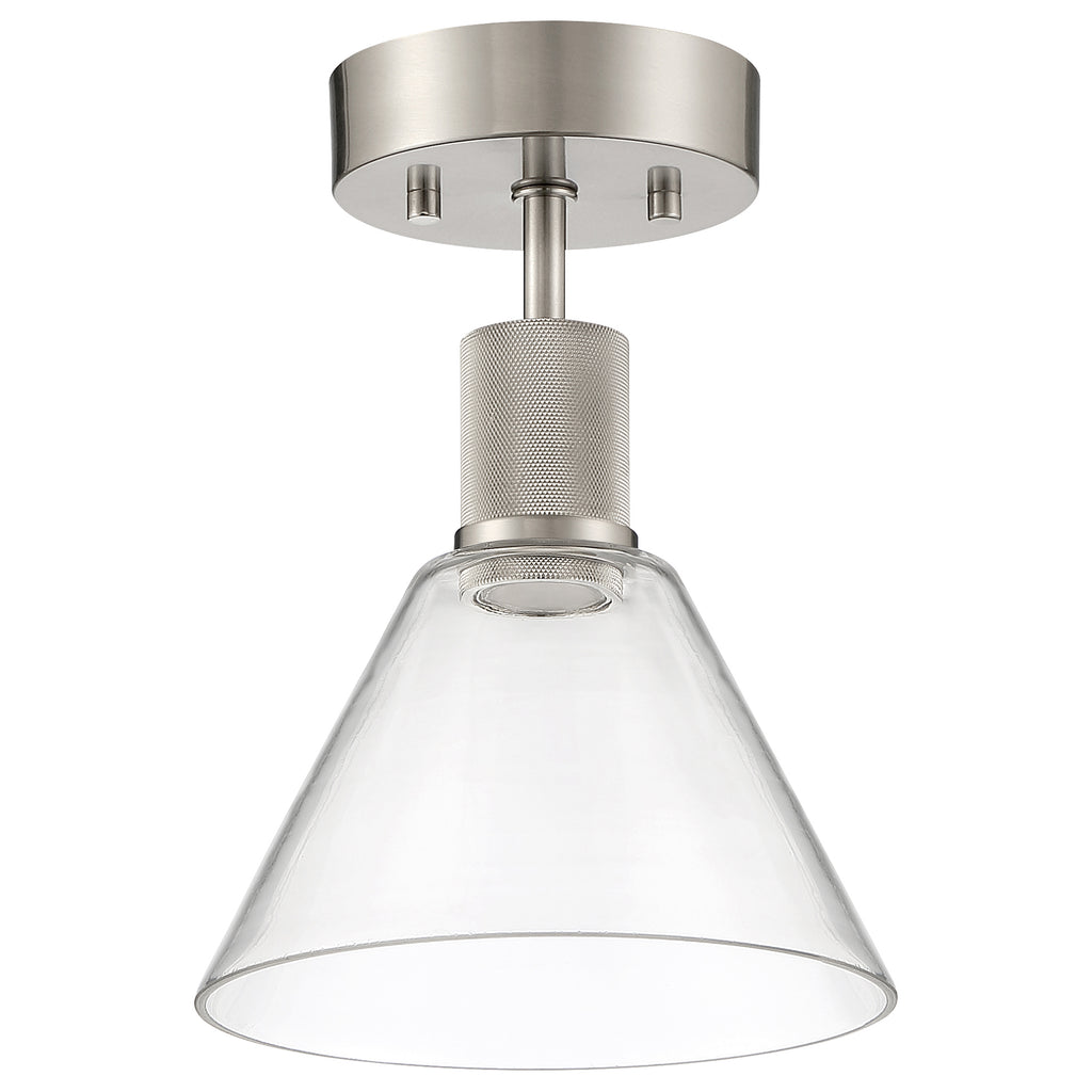 The Access Lighting Port Nine Martini LED Semi-Flush features a brushed steel base and a clear, conical glass shade, shown against a white background.