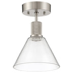 The Access Lighting Port Nine Martini LED Semi-Flush features a brushed steel base and a clear, conical glass shade, shown against a white background.