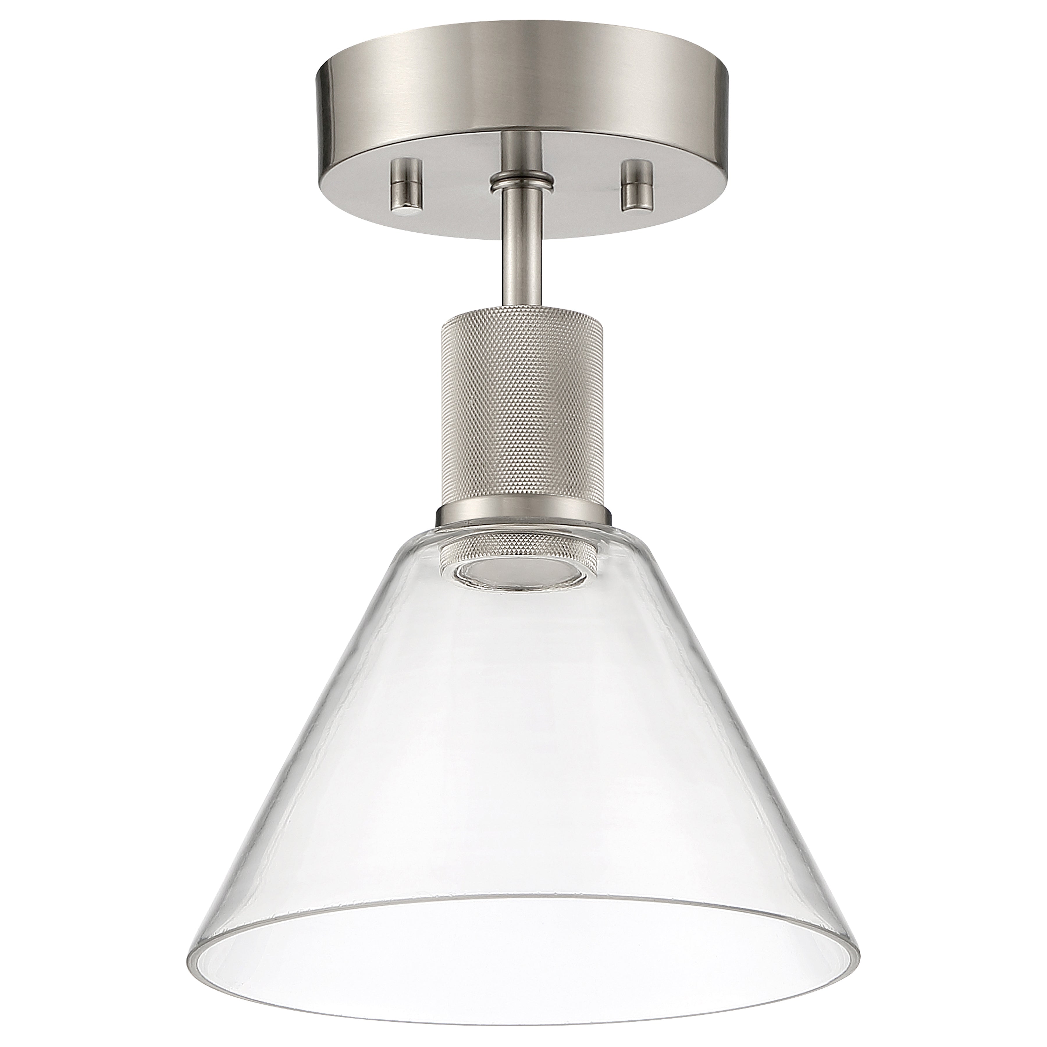 The Access Lighting Port Nine Martini LED Semi-Flush features a brushed steel base and a clear, conical glass shade, shown against a white background.