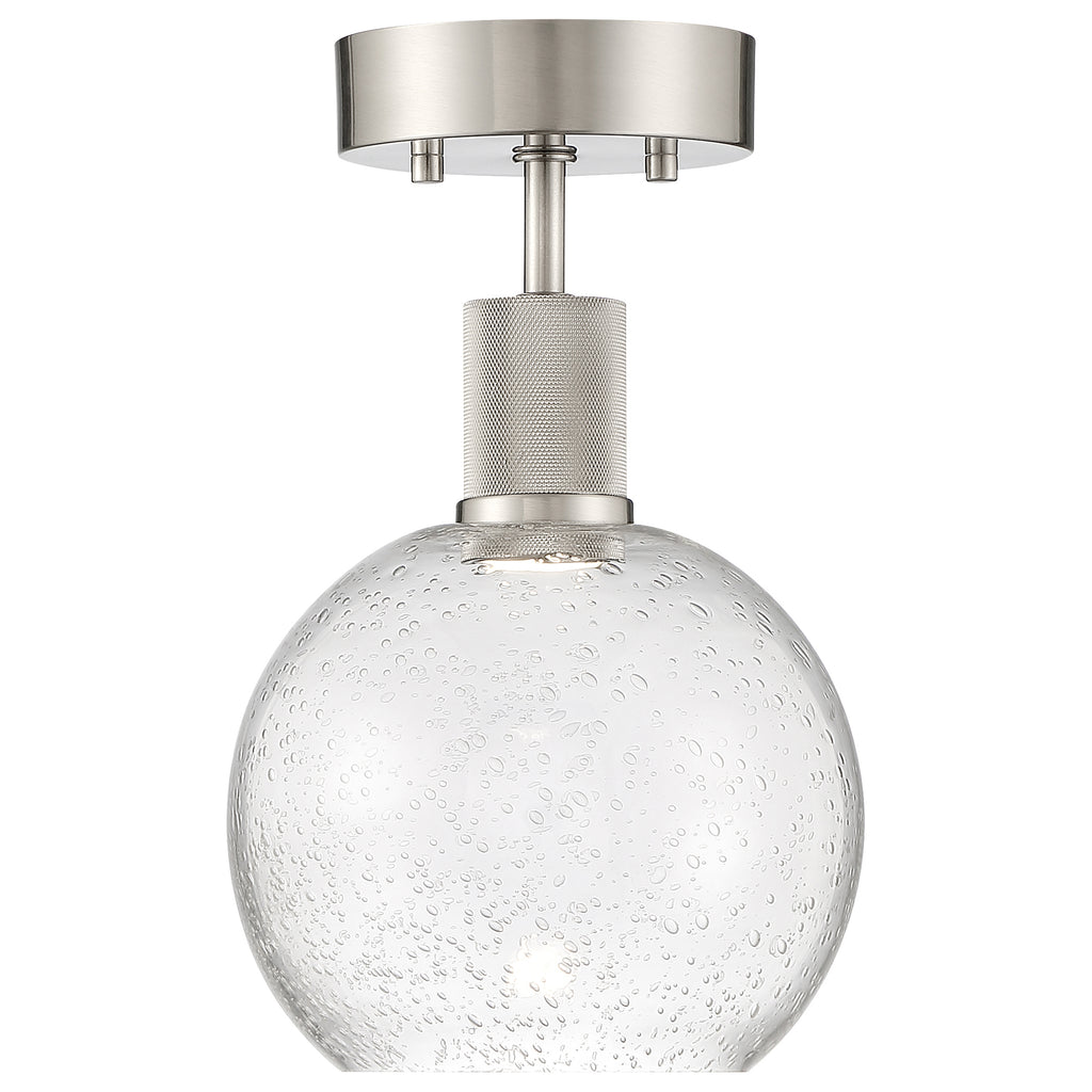 The Port Nine Burgundy LED Semi-Flush by Access Lighting features brushed steel hardware and a seeded glass shade, offering modern style with a 9W integrated LED.