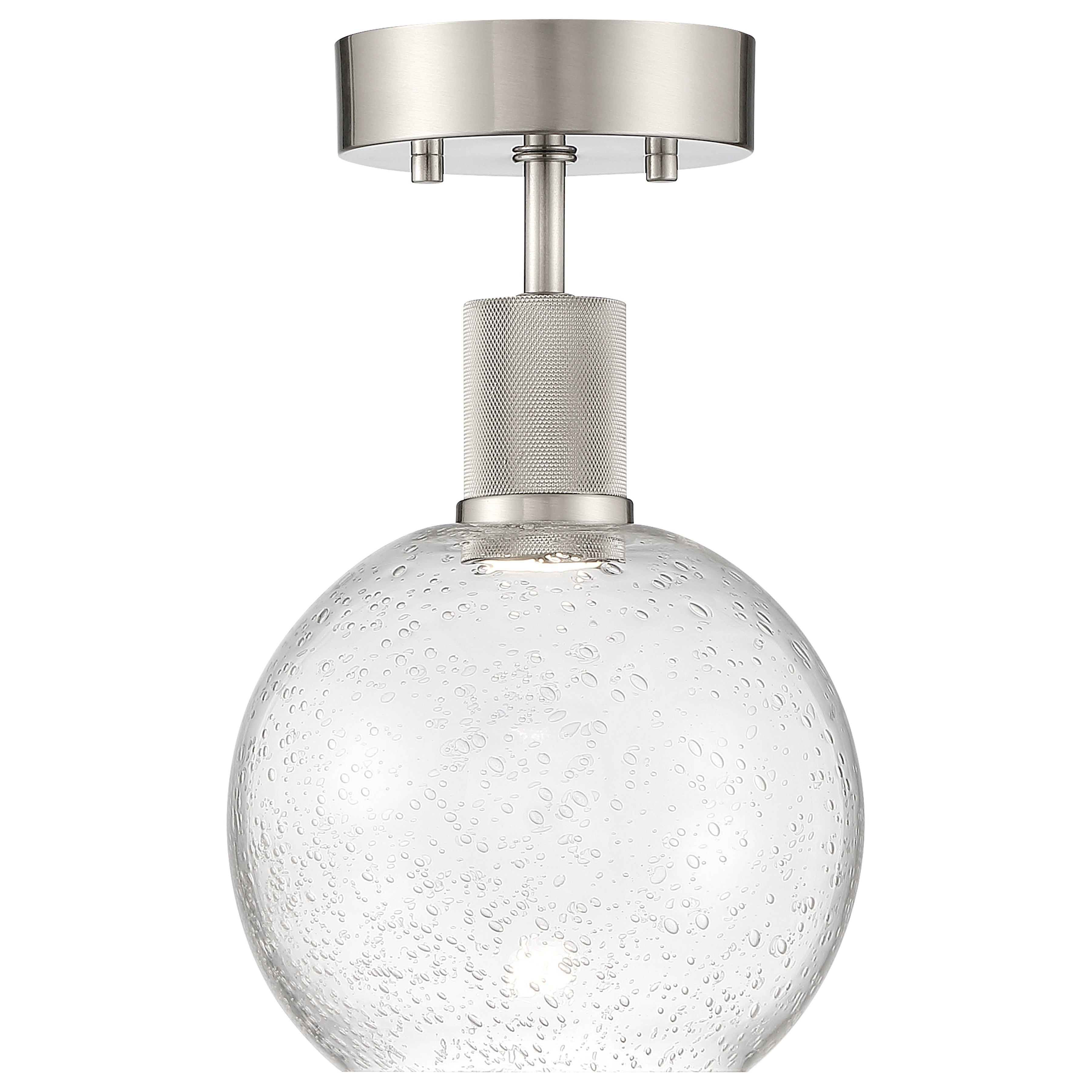 The Port Nine Burgundy LED Semi-Flush by Access Lighting features brushed steel hardware and a seeded glass shade, offering modern style with a 9W integrated LED.