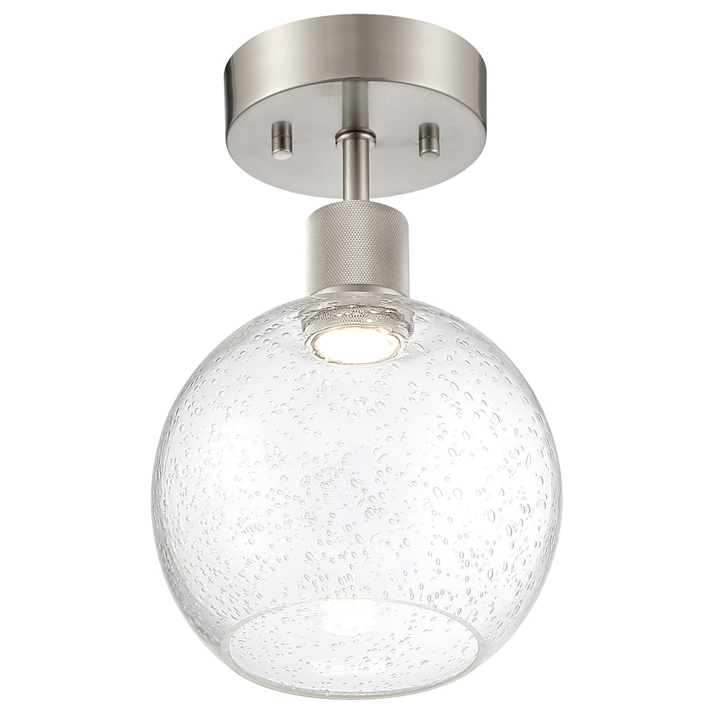 The Access Lighting Port Nine Burgundy LED Semi-Flush features a round, seeded glass shade and a brushed steel base.