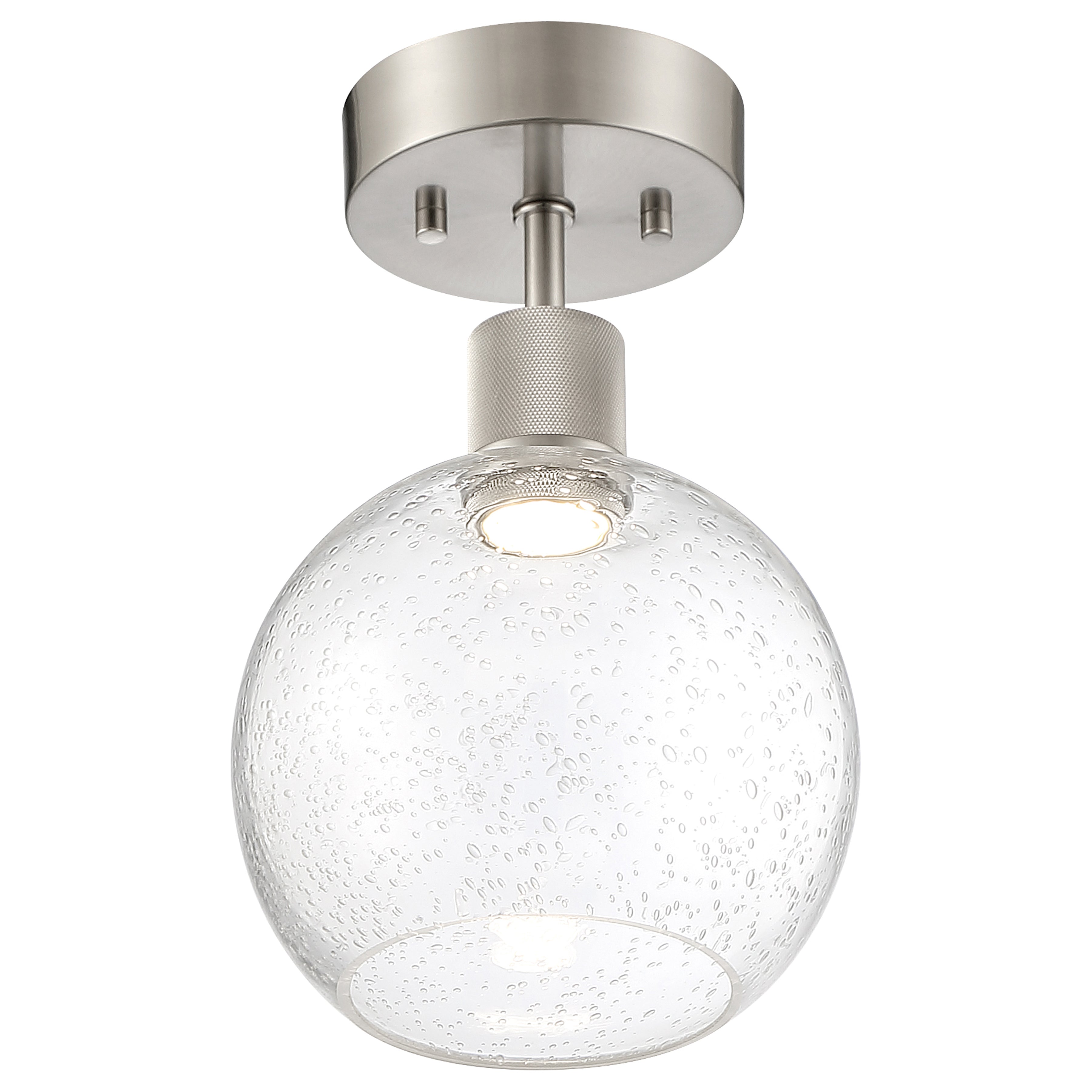 The Access Lighting Port Nine Burgundy LED Semi-Flush features a round, seeded glass shade and a brushed steel base.