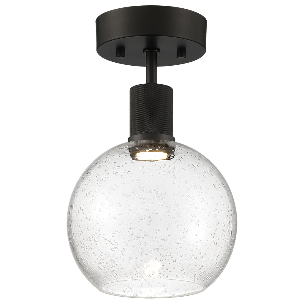 The Port Nine Burgundy LED Semi-Flush by Access Lighting features a round matte black ceiling mount and a seeded glass globe shade, highlighted by delicate bubble details.