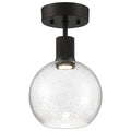 The Port Nine Burgundy LED Semi-Flush by Access Lighting features a round matte black ceiling mount and a seeded glass globe shade, highlighted by delicate bubble details.