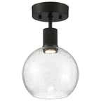 The Port Nine Burgundy LED Semi-Flush by Access Lighting features a round matte black ceiling mount and a seeded glass globe shade, highlighted by delicate bubble details.
