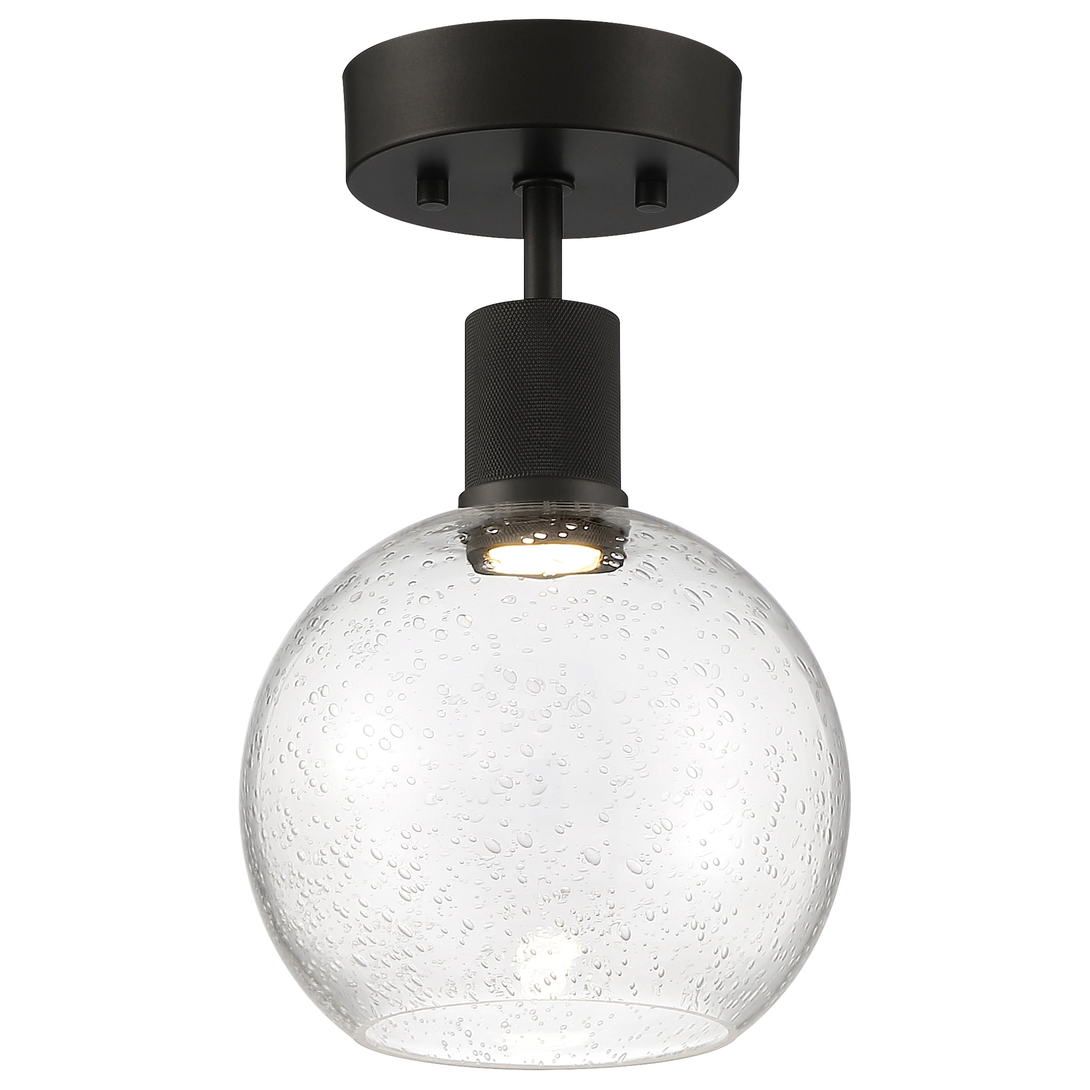 The Port Nine Burgundy LED Semi-Flush by Access Lighting features a round matte black ceiling mount and a seeded glass globe shade, highlighted by delicate bubble details.