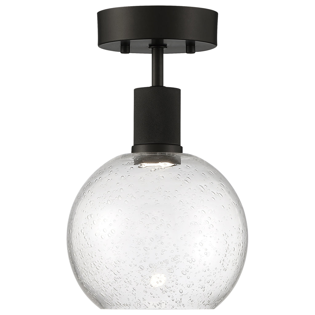 The Port Nine Burgundy LED Semi-Flush by Access Lighting features a round seeded glass shade with bubble details and a matte black metal fixture, offering a modern touch with its 9W LED design.