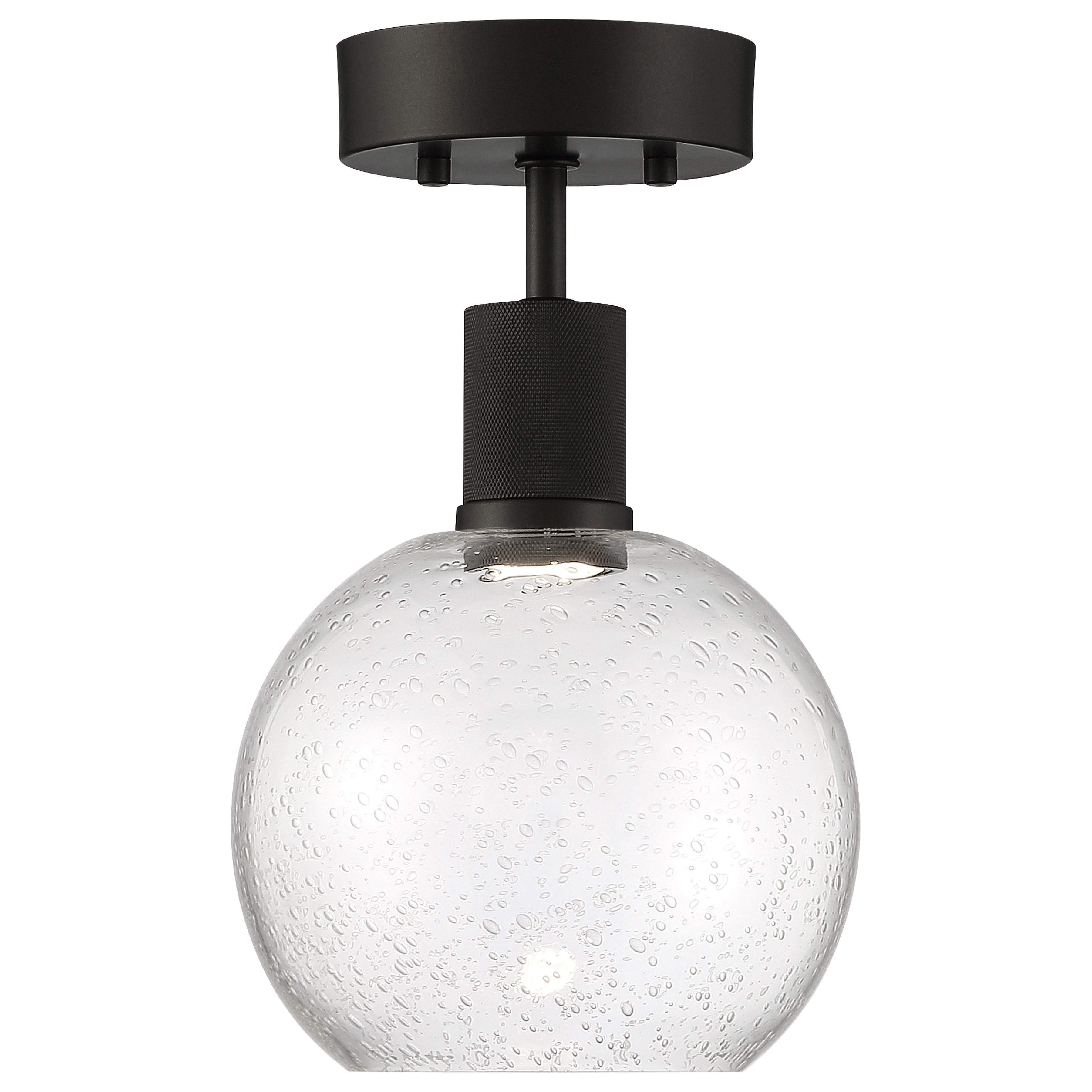 The Port Nine Burgundy LED Semi-Flush by Access Lighting features a round seeded glass shade with bubble details and a matte black metal fixture, offering a modern touch with its 9W LED design.