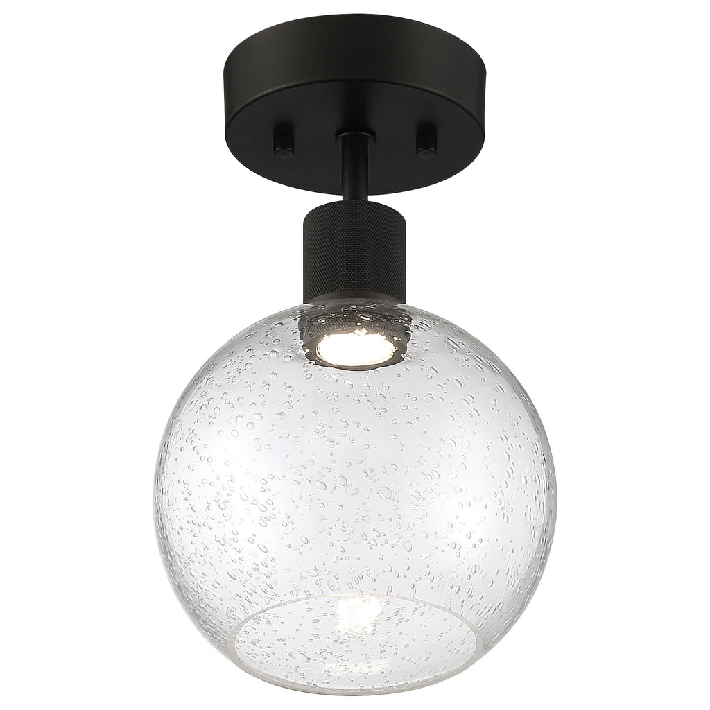 The Port Nine Burgundy LED Semi-Flush by Access Lighting features a matte black finish and a clear, seeded glass shade with a single visible 9W bulb inside.