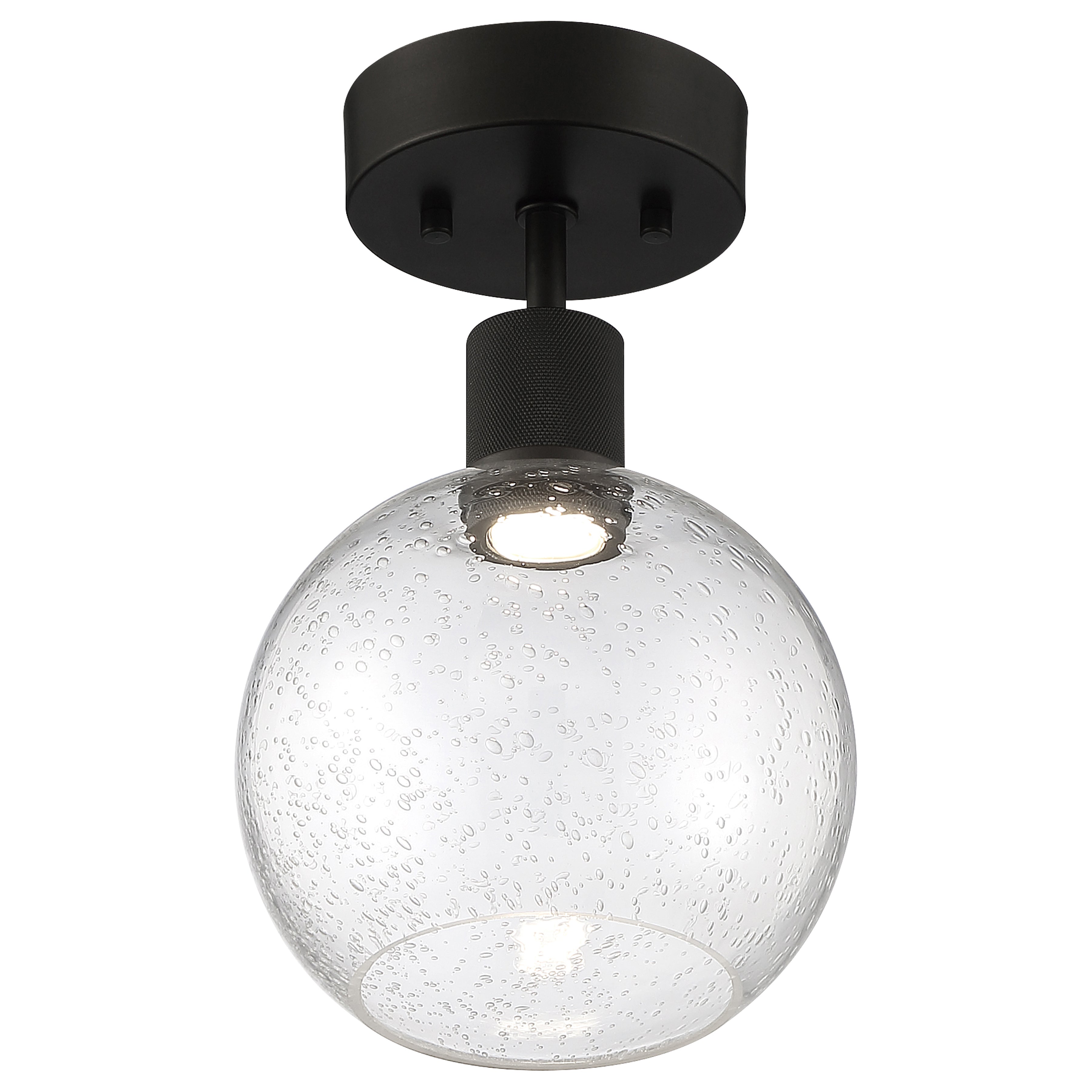 The Port Nine Burgundy LED Semi-Flush by Access Lighting features a matte black finish and a clear, seeded glass shade with a single visible 9W bulb inside.