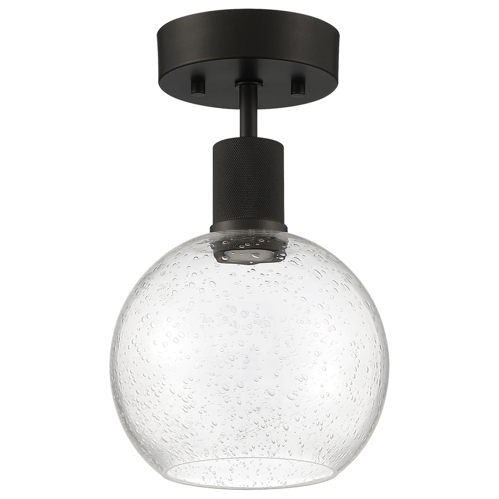 The Access Lighting Port Nine Burgundy LED Semi-Flush features a round, seeded glass shade and a matte black metal base and stem, utilizing a 9W LED.