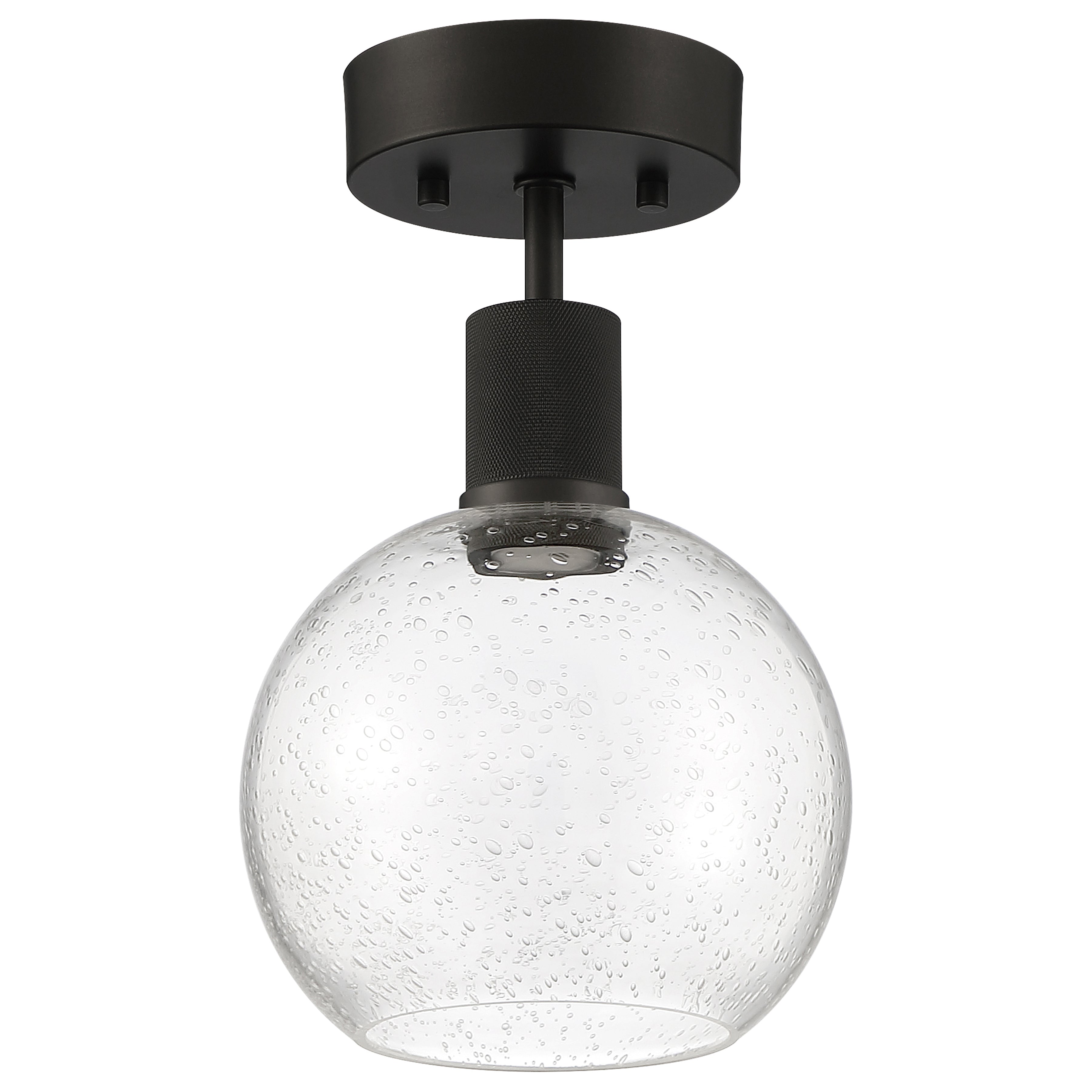 The Access Lighting Port Nine Burgundy LED Semi-Flush features a round, seeded glass shade and a matte black metal base and stem, utilizing a 9W LED.