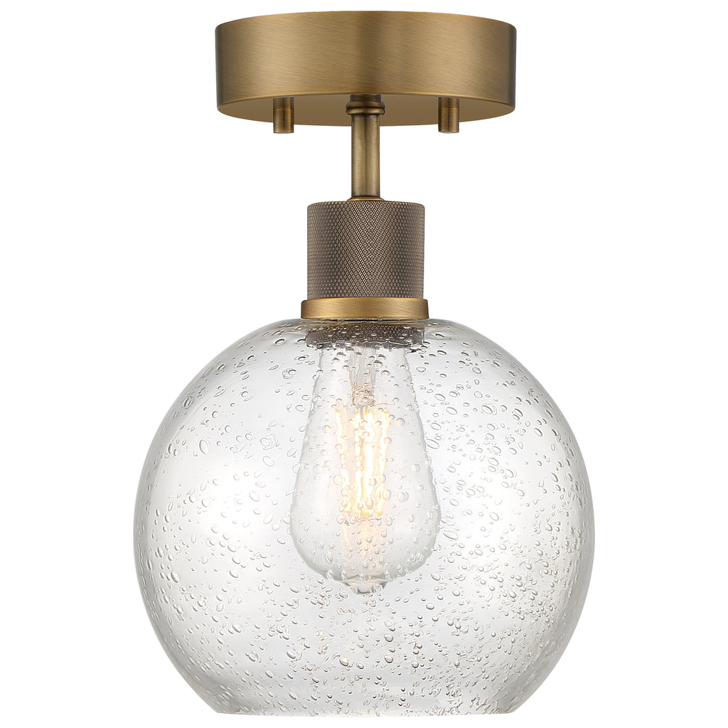 Port Nine Burgundy LED Semi-Flush, Antique Brushed Brass / Seeded Glass / 7W