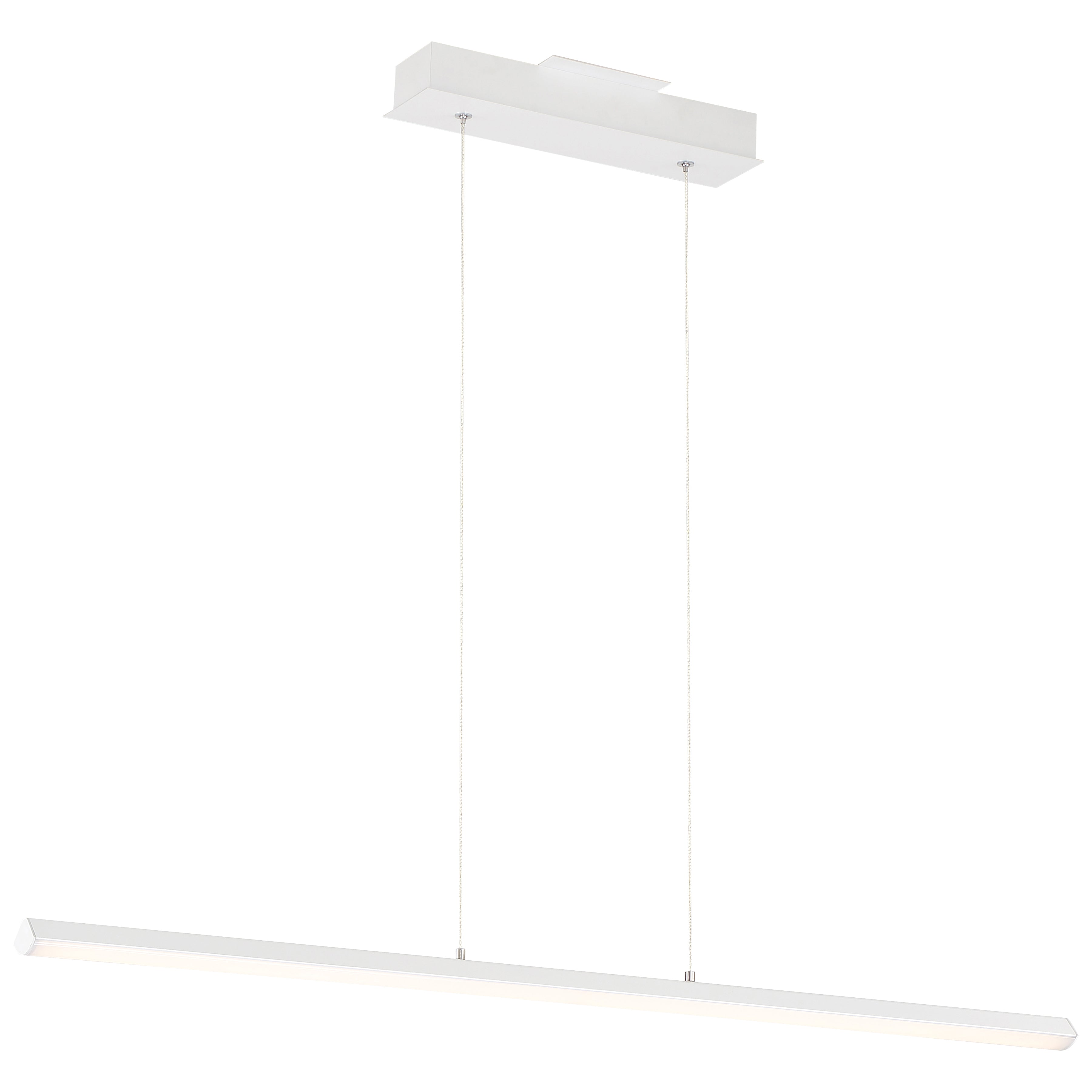 The Float LED Linear Pendant by Access Lighting features a minimalist matte white finish, a rectangular ceiling mount, and two suspension wires.