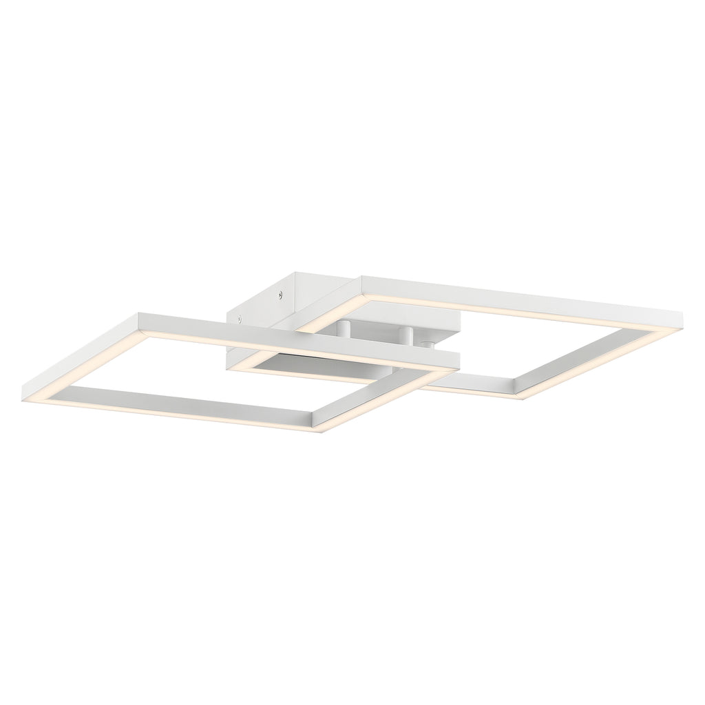 The Squared LED Flush Mount or Wall Sconce by Access Lighting features a minimalist white design with two overlapping rectangular LED frames mounted on a square base.