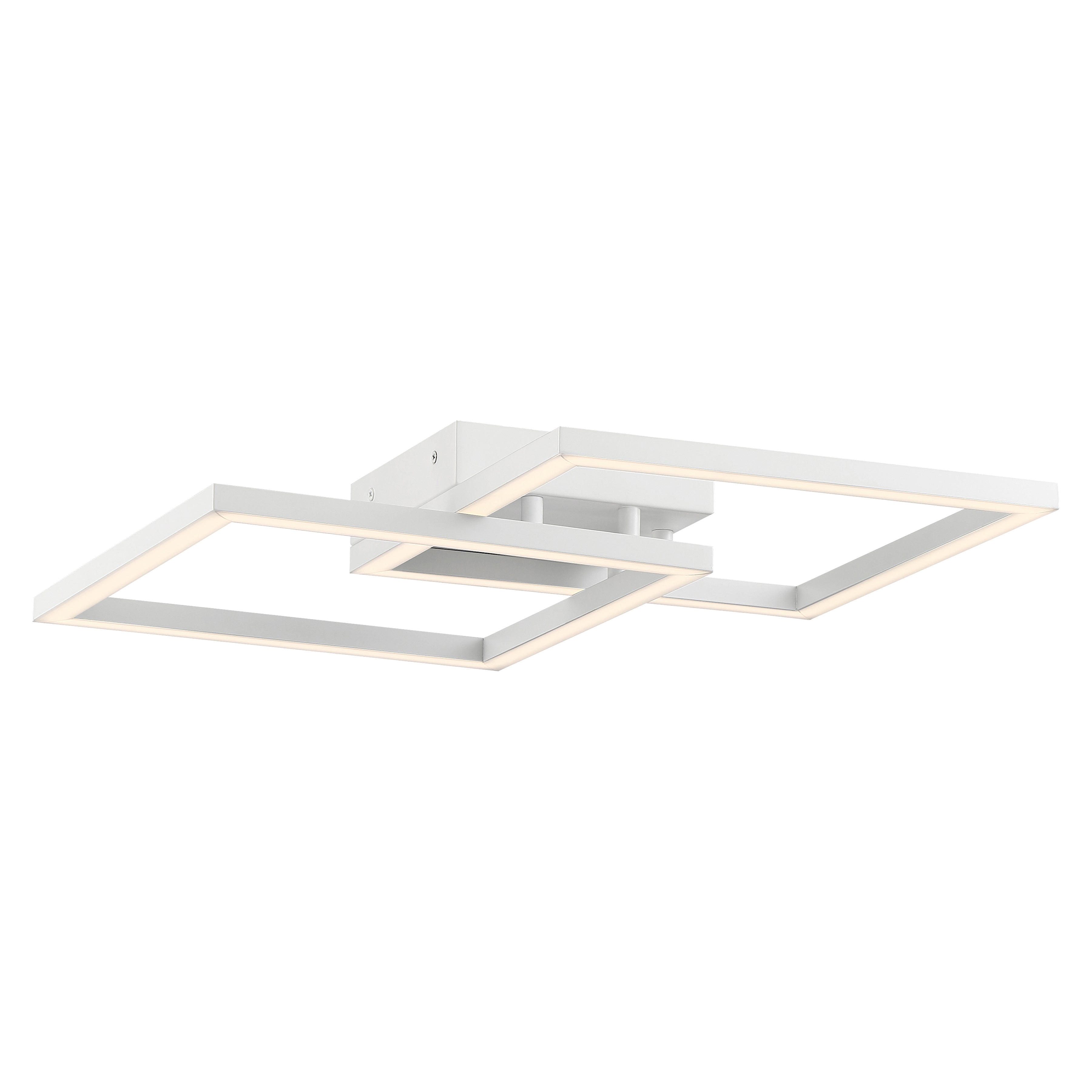 The Squared LED Flush Mount or Wall Sconce by Access Lighting features a minimalist white design with two overlapping rectangular LED frames mounted on a square base.