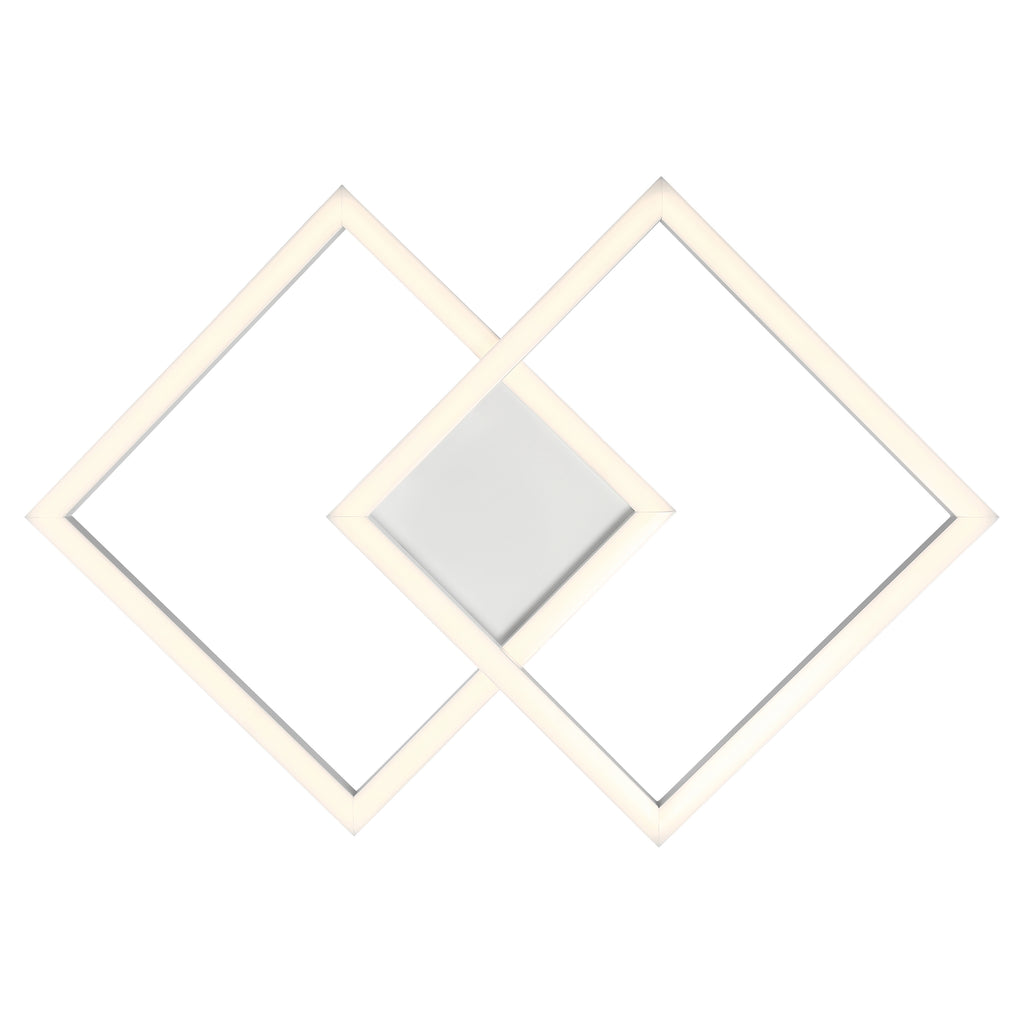 The Squared LED Flush Mount or Wall Sconce by Access Lighting features two illuminated diamond shapes that overlap at the center, forming a geometric, modern light fixture in a White finish measuring 18.5″.