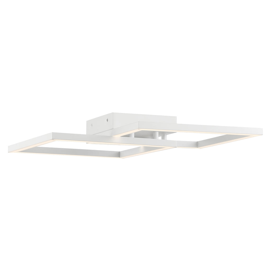 The Access Lighting Squared LED Flush Mount or Wall Sconce features a modern white design with three rectangular LED panels arranged in a geometric pattern and attached to a central square base, measuring 18.5 inches.