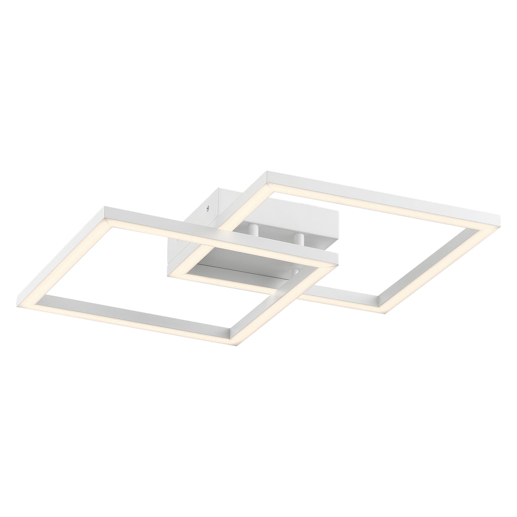 The Access Lighting Squared LED Flush Mount or Wall Sconce features two overlapping illuminated square frames and a central mounting base, all in a white finish. This modern ceiling fixture measures 18.5 inches across.