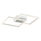 The Access Lighting Squared LED Flush Mount or Wall Sconce features two overlapping illuminated square frames and a central mounting base, all in a white finish. This modern ceiling fixture measures 18.5 inches across.