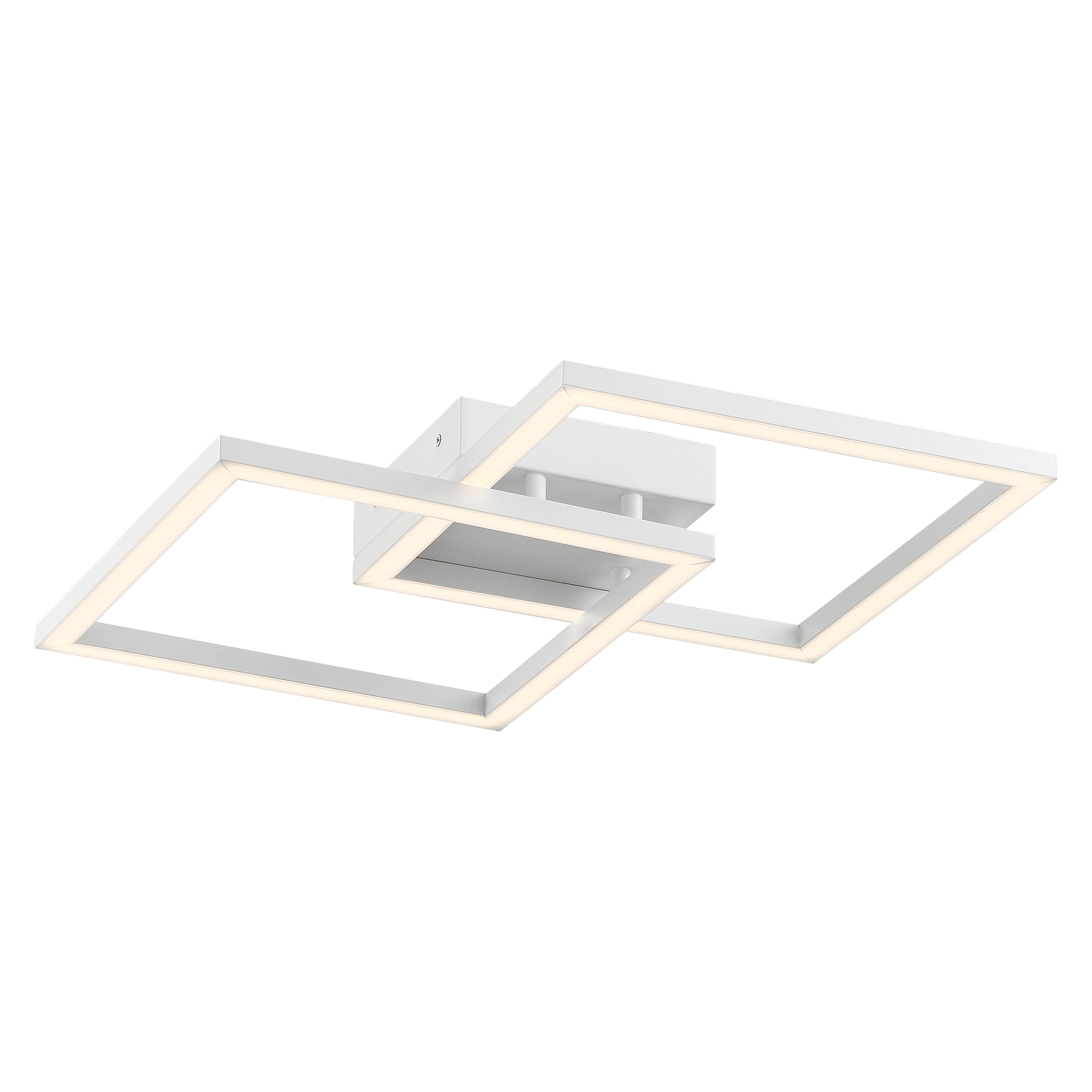 The Access Lighting Squared LED Flush Mount or Wall Sconce features two overlapping illuminated square frames and a central mounting base, all in a white finish. This modern ceiling fixture measures 18.5 inches across.