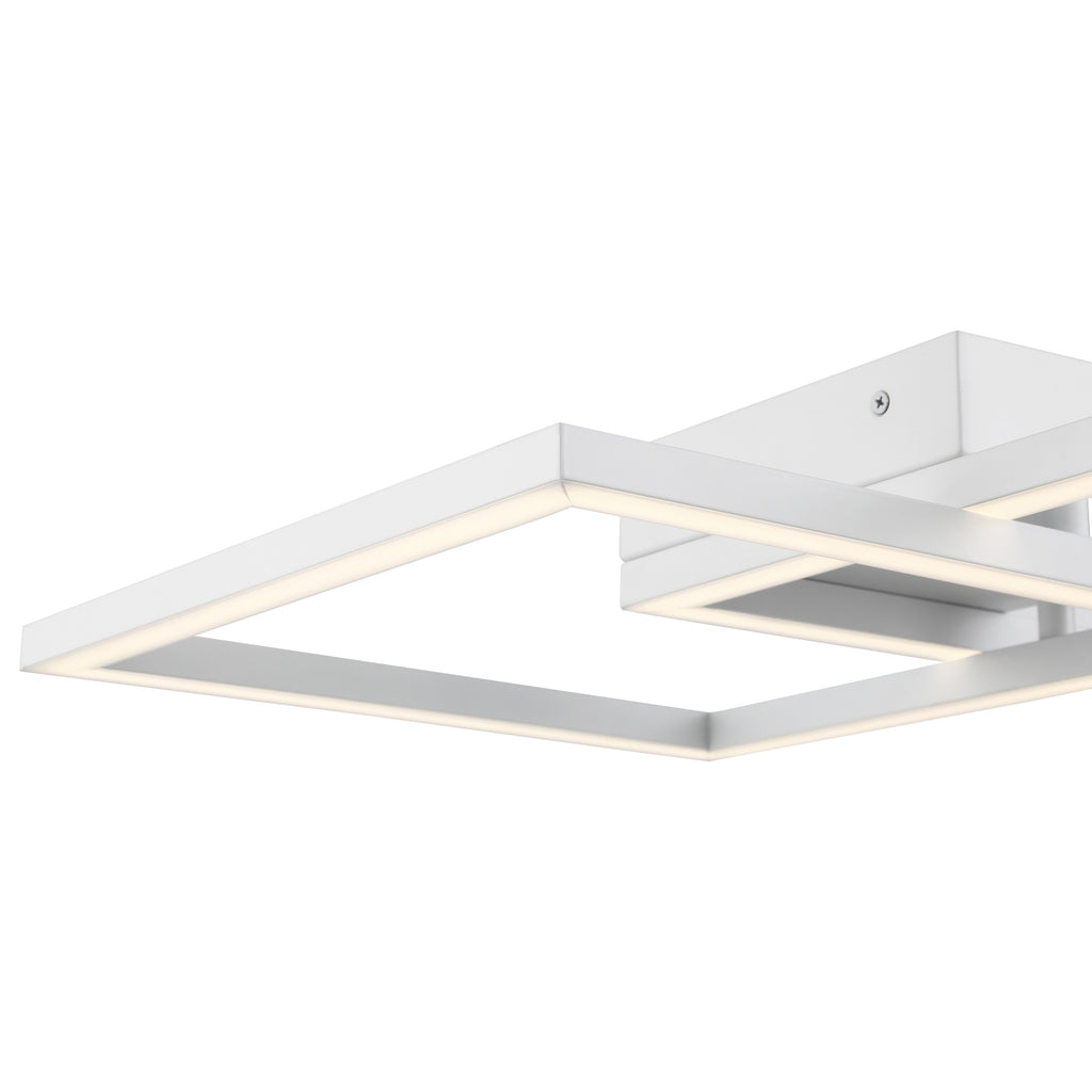 The Access Lighting Squared LED Flush Mount or Wall Sconce, White / 18.5″, features a modern square design with a white frame mounted on a rectangular base and emits a soft white glow.