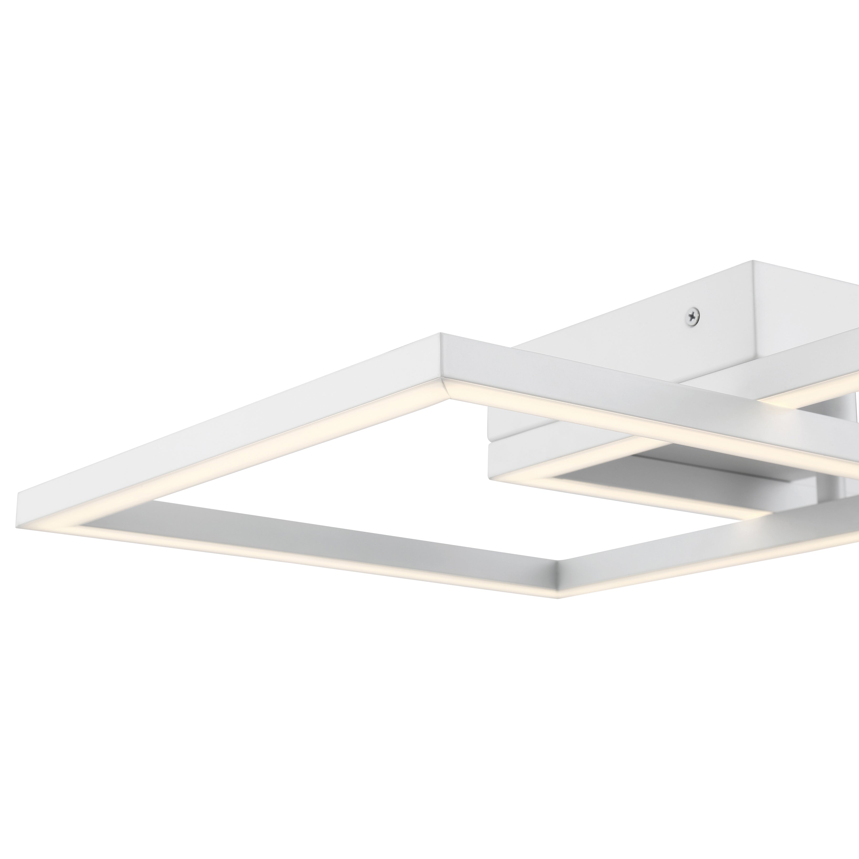 The Access Lighting Squared LED Flush Mount or Wall Sconce, White / 18.5″, features a modern square design with a white frame mounted on a rectangular base and emits a soft white glow.