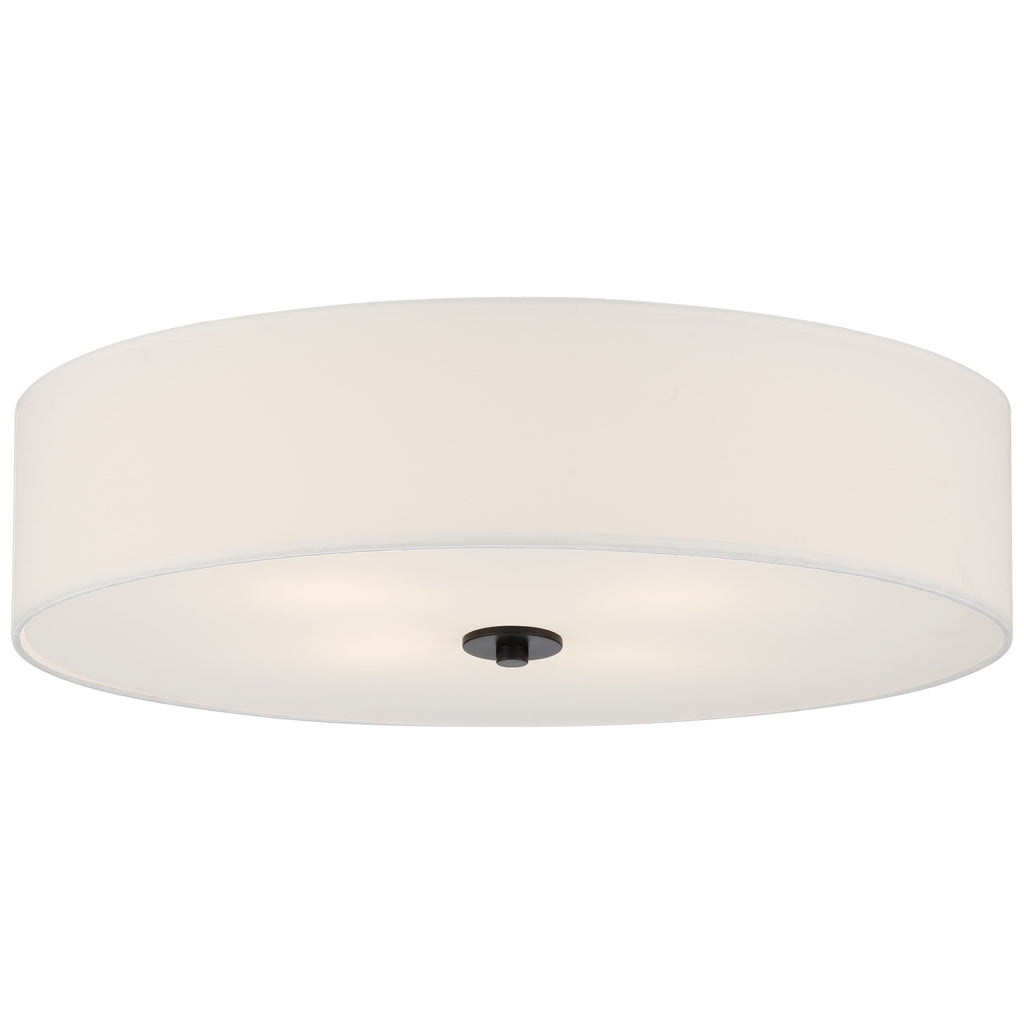 Access Lighting’s Mid Town LED Flush Mount, featuring a 24-inch white fabric shade and a central matte black fixture.