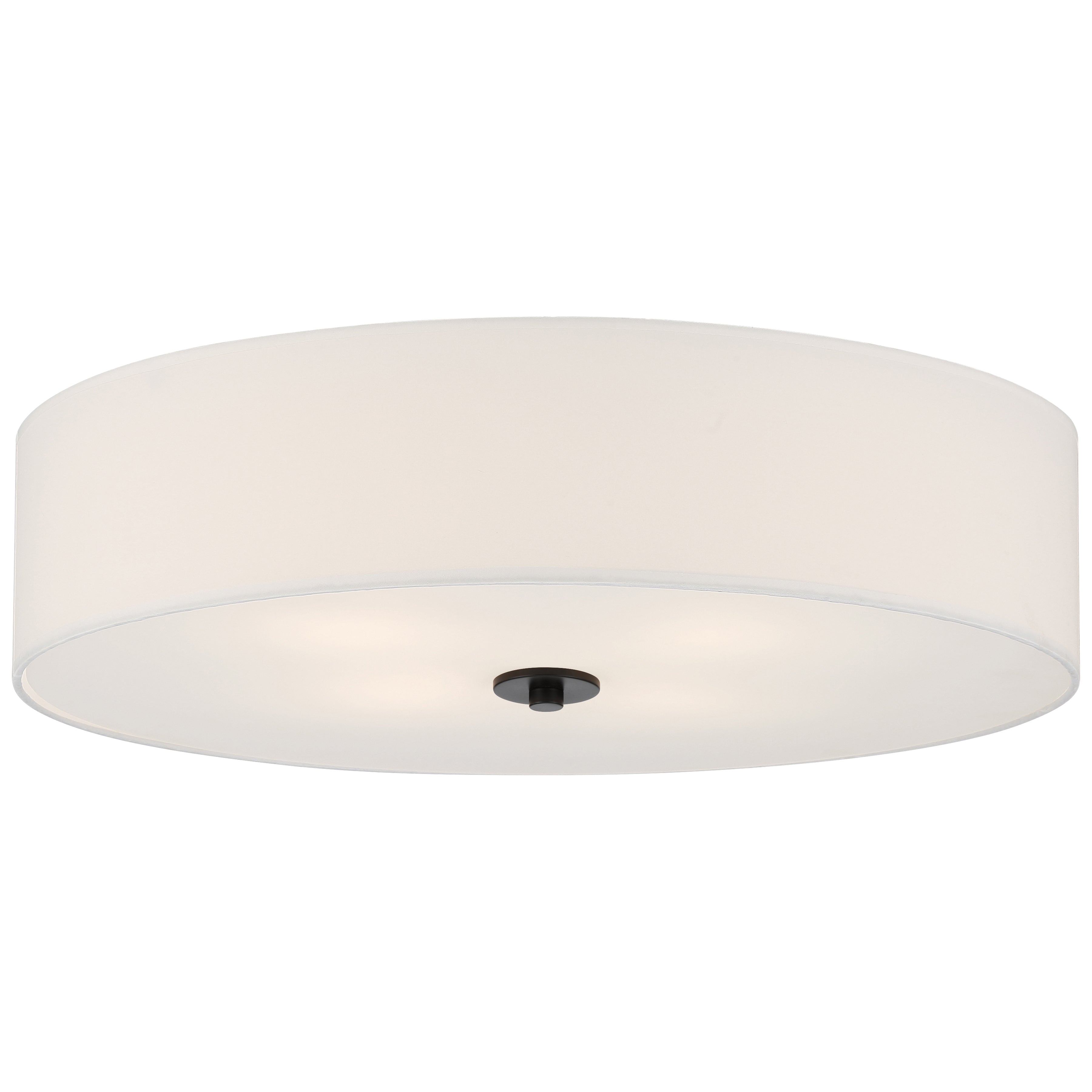 Access Lighting’s Mid Town LED Flush Mount, featuring a 24-inch white fabric shade and a central matte black fixture.