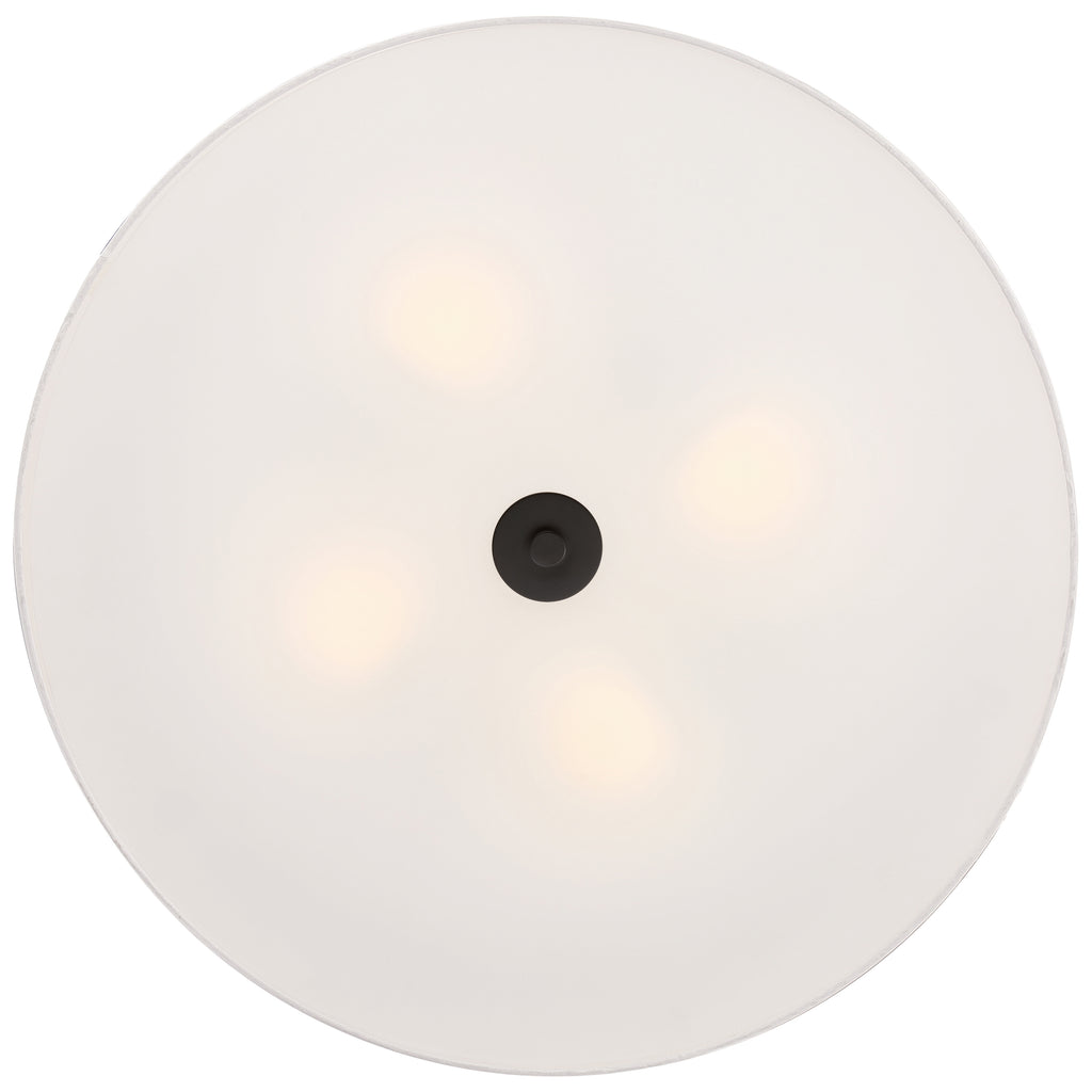 The Mid Town LED Flush Mount by Access Lighting features a round design with a frosted white cover, three visible LED light sources, and a small matte black center accent.