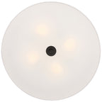 The Mid Town LED Flush Mount by Access Lighting features a round design with a frosted white cover, three visible LED light sources, and a small matte black center accent.