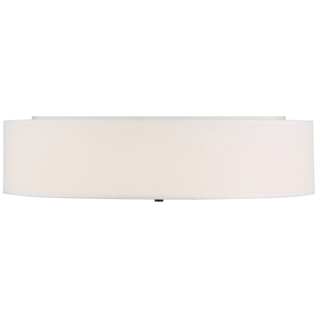 Mid Town LED Flush Mount by Access Lighting in Matte Black, featuring a 24″ oval-shaped white fabric shade, viewed from the front against a plain background.