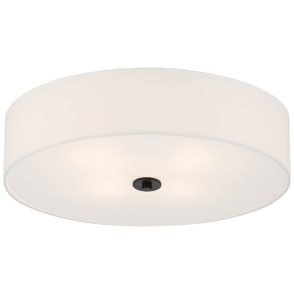 The Mid Town LED Flush Mount by Access Lighting features a 24-inch round, drum-shaped white shade with a matte black central mounting fixture.