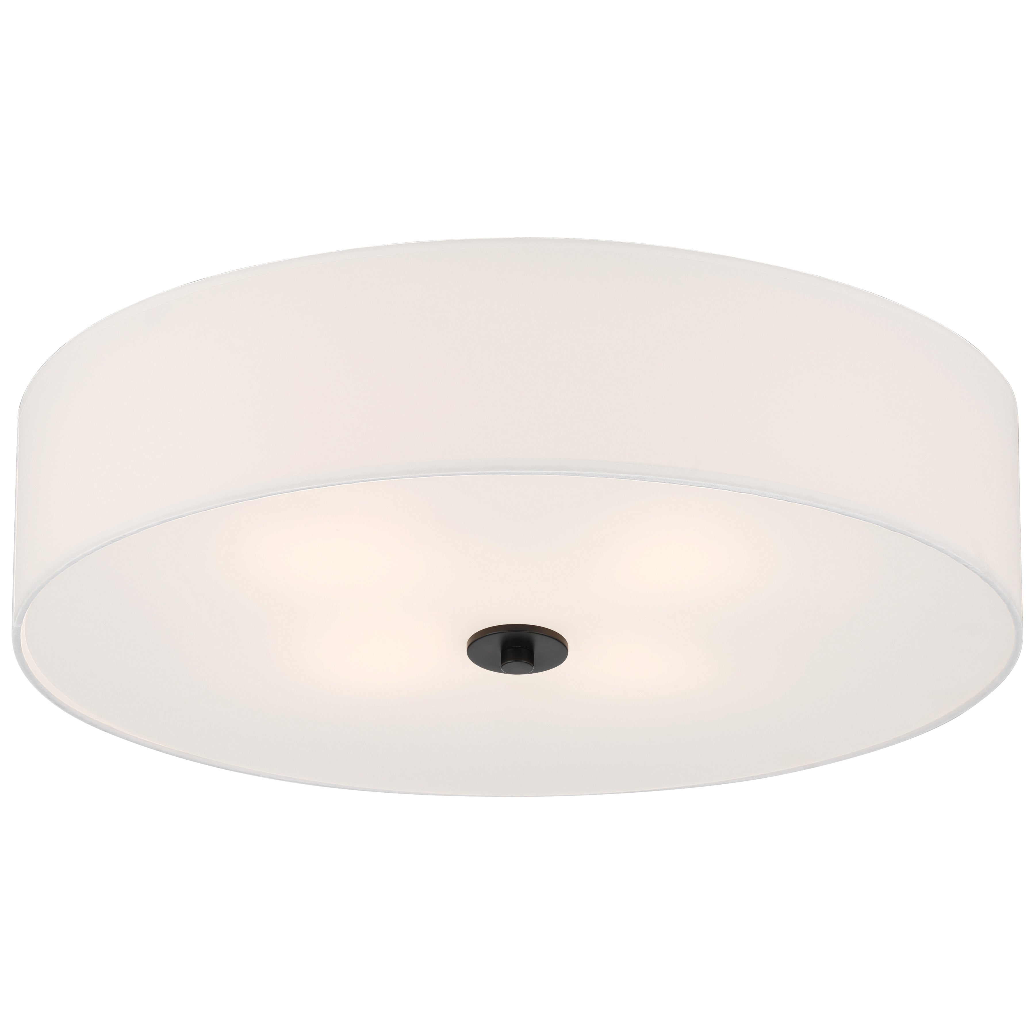 The Mid Town LED Flush Mount by Access Lighting features a 24-inch round, drum-shaped white shade with a matte black central mounting fixture.