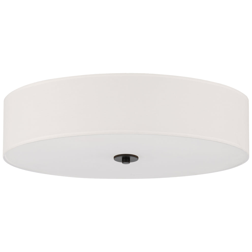 The Mid Town LED Flush Mount by Access Lighting features a round, flush-mounted design with a white drum-shaped fabric shade and a small matte black central fixture.
