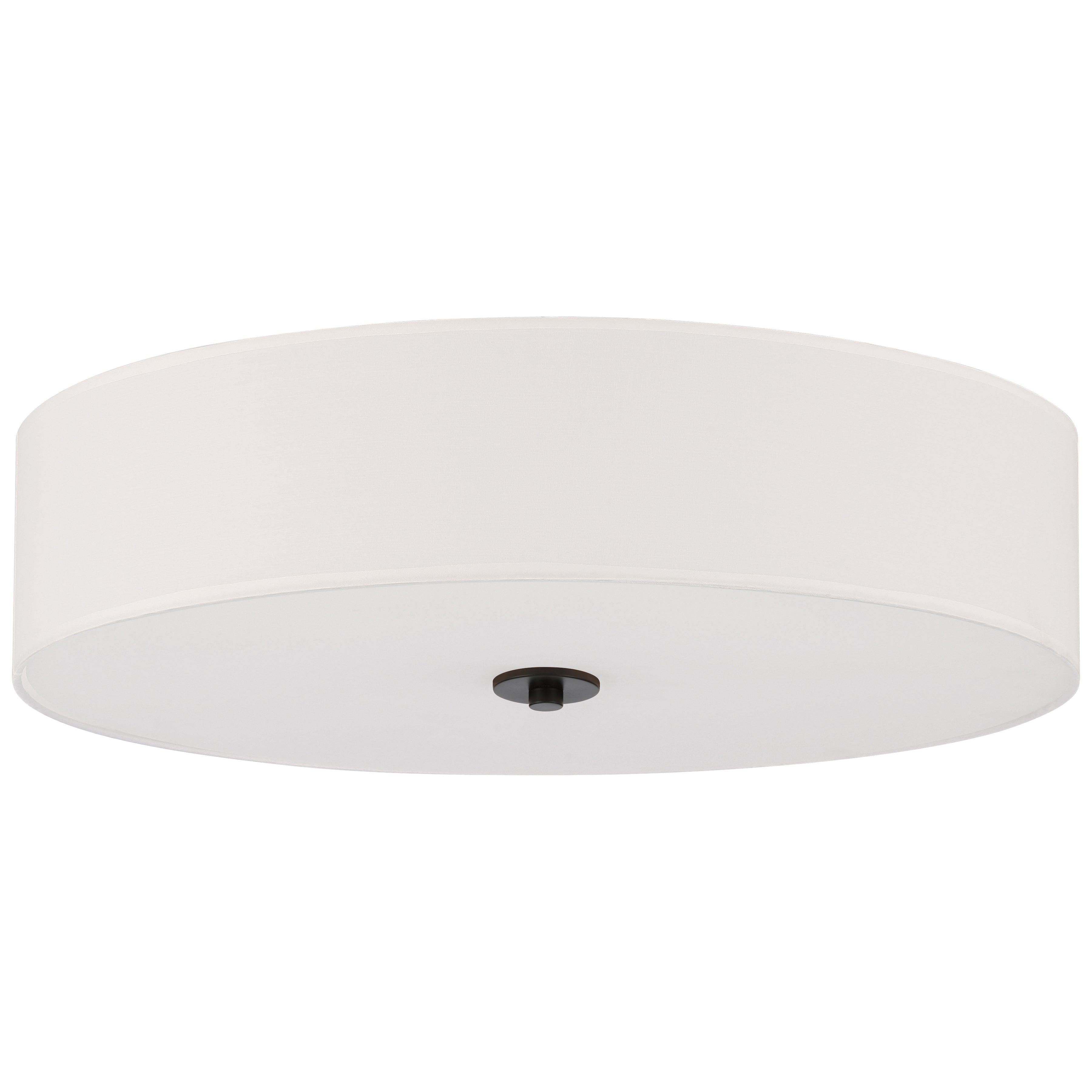 The Mid Town LED Flush Mount by Access Lighting features a round, flush-mounted design with a white drum-shaped fabric shade and a small matte black central fixture.