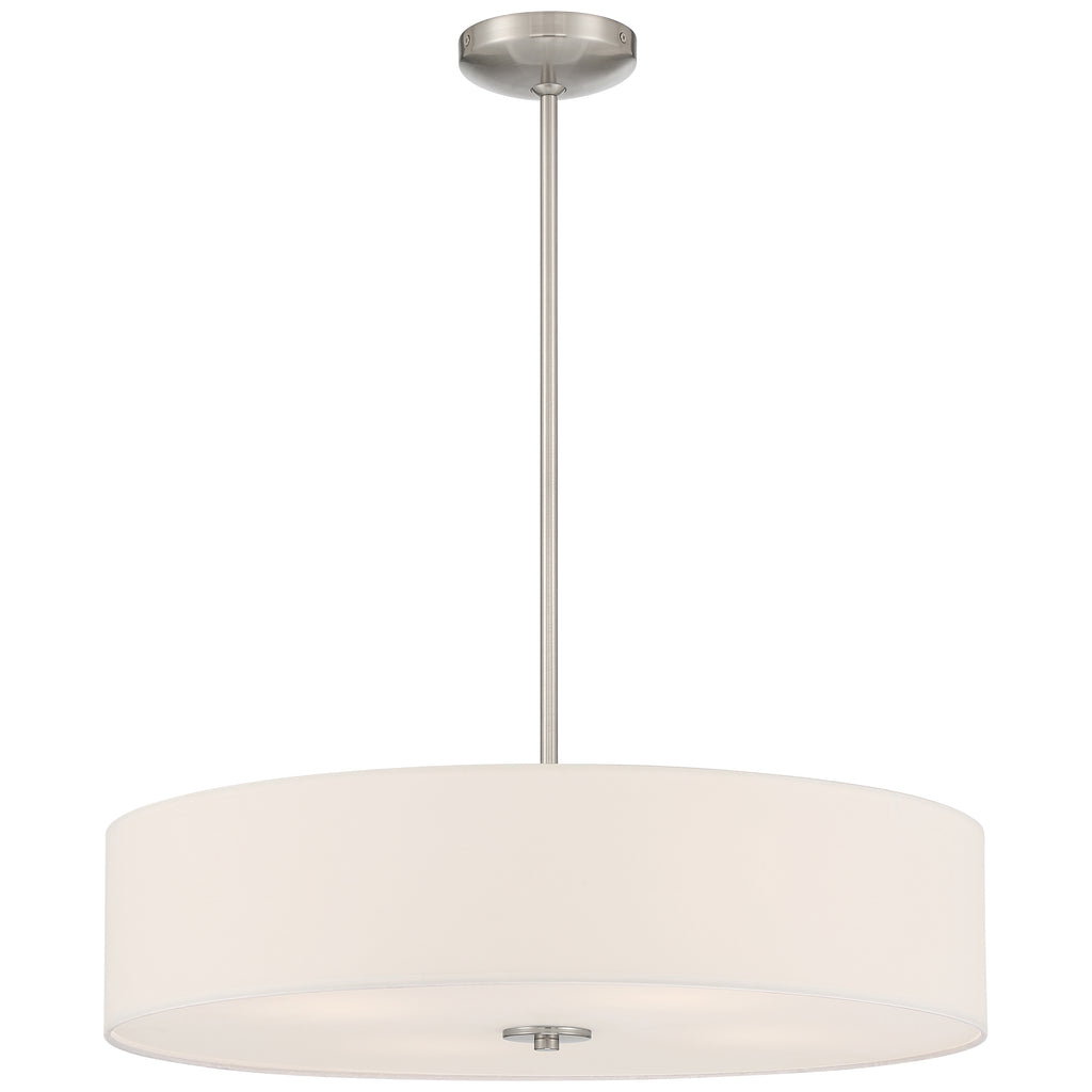The Mid Town LED Pendant or Semi-Flush by Access Lighting features a 24″ round white drum shade and brushed steel hardware, elegantly suspended from a ceiling mount by a straight metal rod.