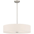 The Mid Town LED Pendant or Semi-Flush by Access Lighting features a 24″ round white drum shade and brushed steel hardware, elegantly suspended from a ceiling mount by a straight metal rod.