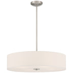 The Mid Town LED Pendant or Semi-Flush by Access Lighting features a 24″ round white drum shade and brushed steel hardware, elegantly suspended from a ceiling mount by a straight metal rod.