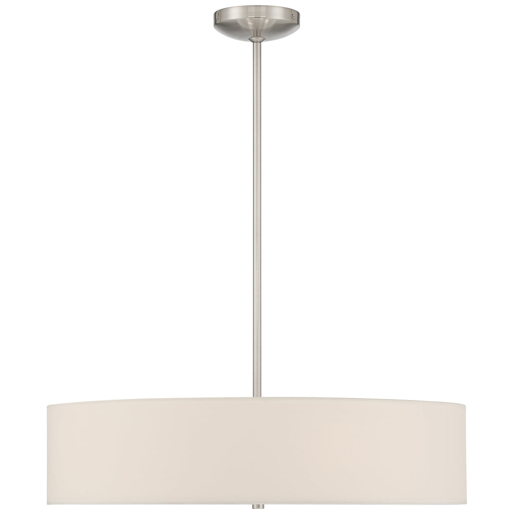 The Access Lighting Mid Town LED Pendant or Semi-Flush in brushed steel features a wide, 24-inch cylindrical white fabric shade suspended from the ceiling by a sleek rod and canopy.