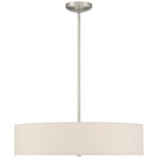 The Access Lighting Mid Town LED Pendant or Semi-Flush in brushed steel features a wide, 24-inch cylindrical white fabric shade suspended from the ceiling by a sleek rod and canopy.