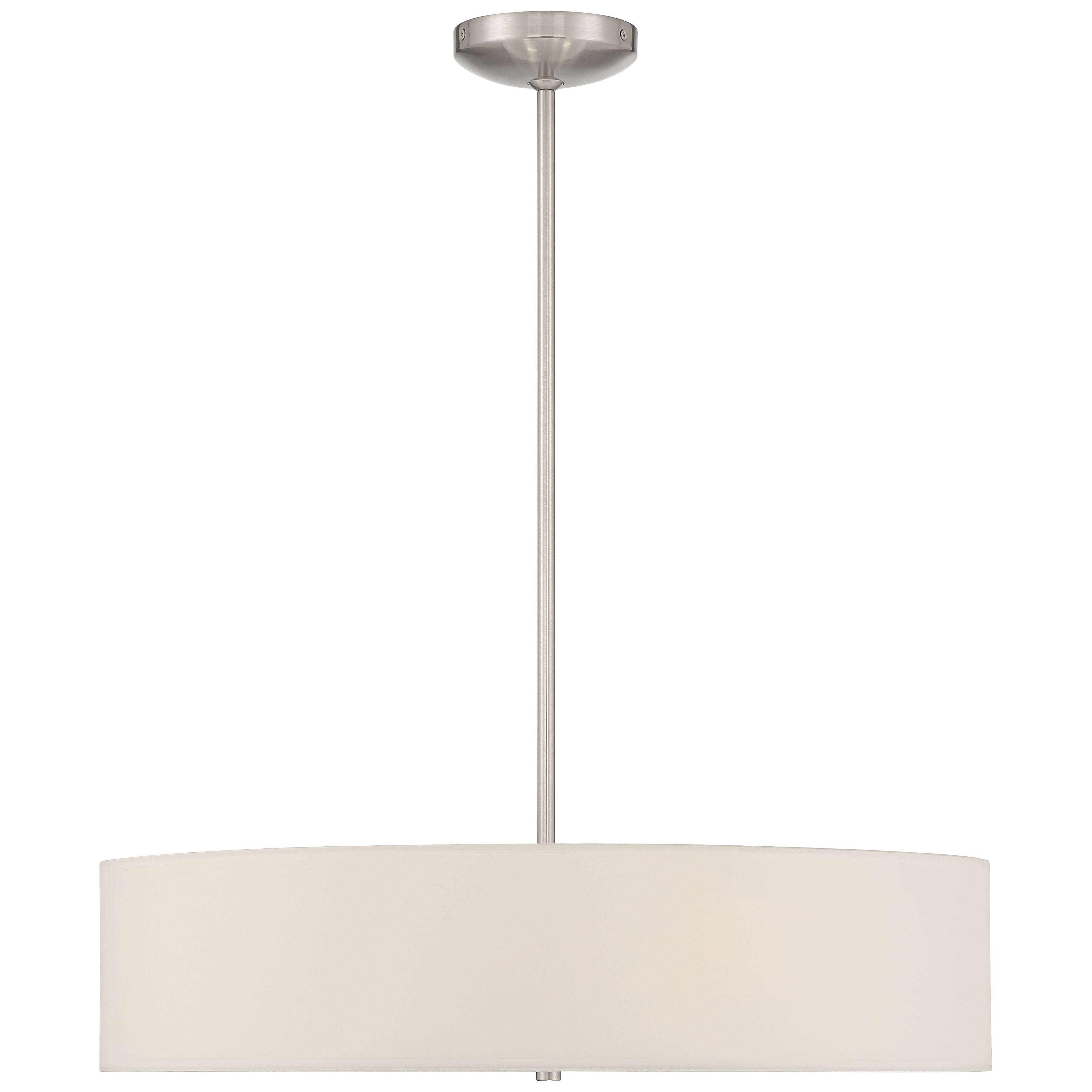 The Access Lighting Mid Town LED Pendant or Semi-Flush in brushed steel features a wide, 24-inch cylindrical white fabric shade suspended from the ceiling by a sleek rod and canopy.