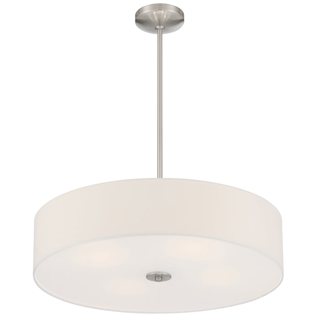 The Mid Town LED Pendant or Semi-Flush by Access Lighting features a round white drum shade with brushed steel accents, suspended from a metal rod, and measures 24 inches.
