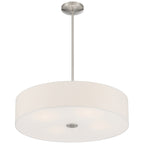 The Mid Town LED Pendant or Semi-Flush by Access Lighting features a round white drum shade with brushed steel accents, suspended from a metal rod, and measures 24 inches.