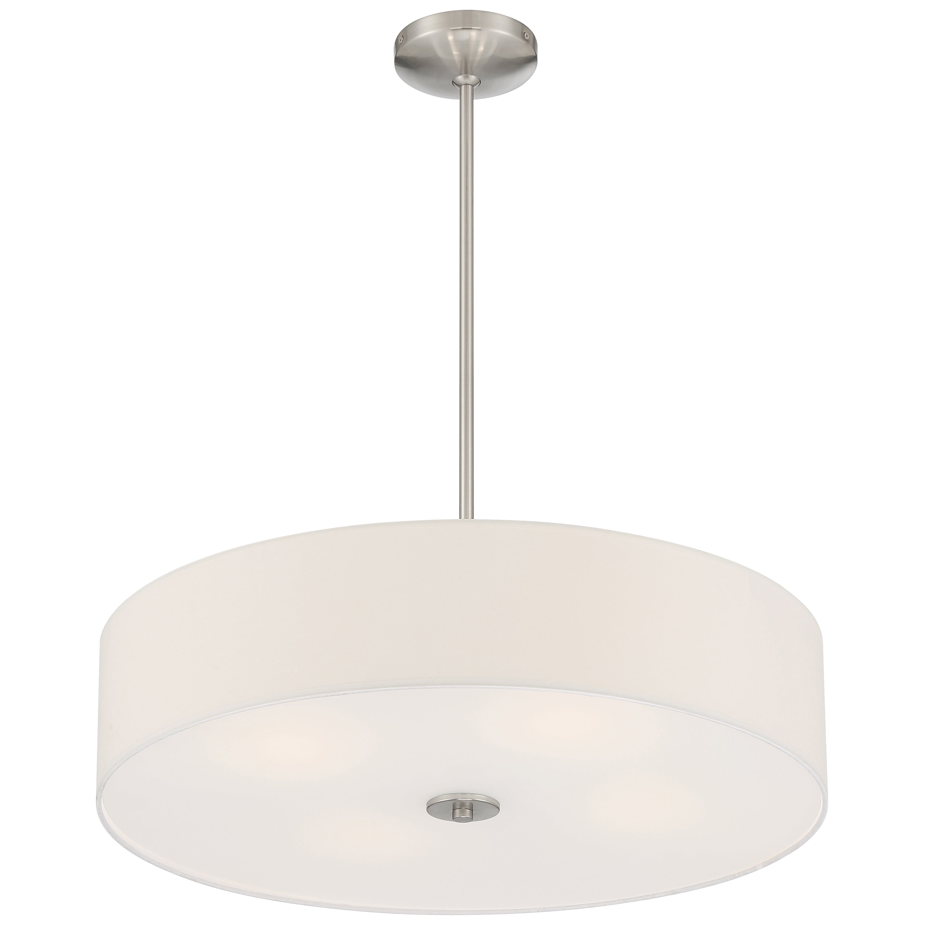 The Mid Town LED Pendant or Semi-Flush by Access Lighting features a round white drum shade with brushed steel accents, suspended from a metal rod, and measures 24 inches.
