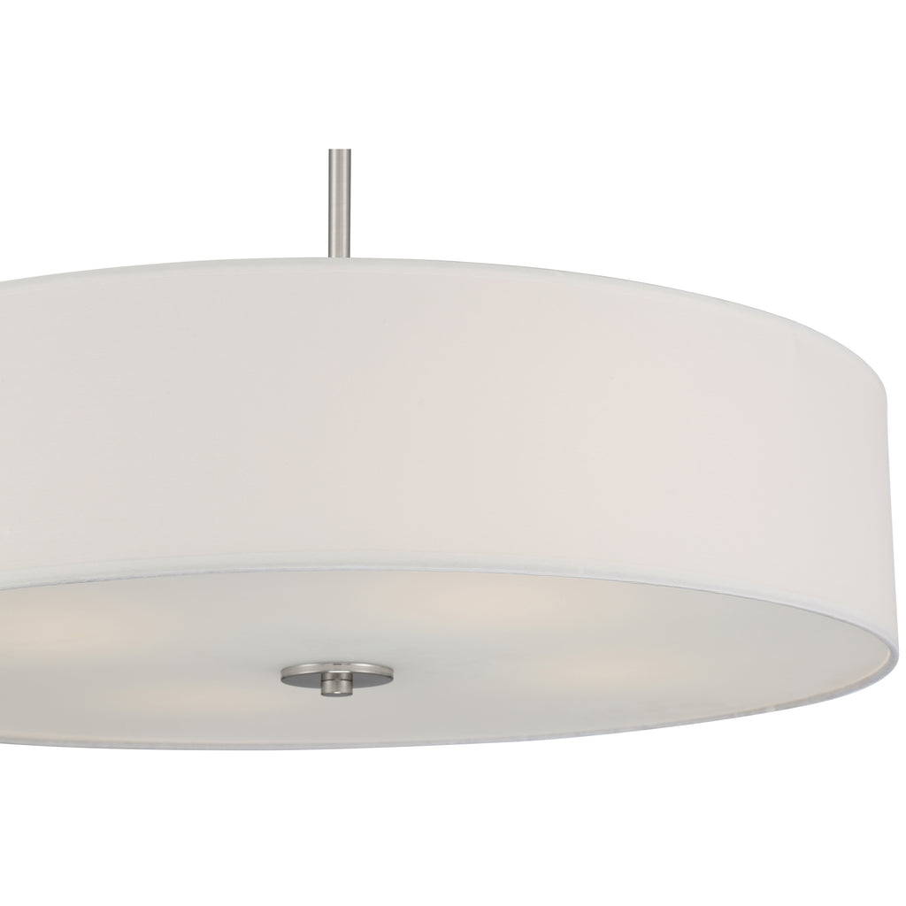 A close-up view of the Access Lighting Mid Town LED Pendant or Semi-Flush in brushed steel, featuring a 24-inch round white fabric shade with a central metal accent.